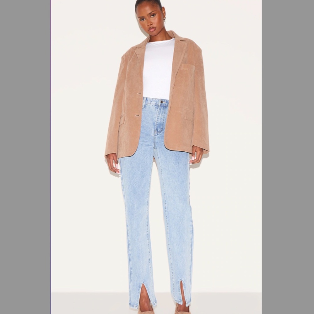 NWT PrettyLittleThing LIGHT BLUE WASH FRONT SPLIT LONG LEG STRAIGHT JEANS